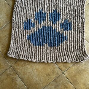 Tan and Blue Paw Print Knit Throw Blanket